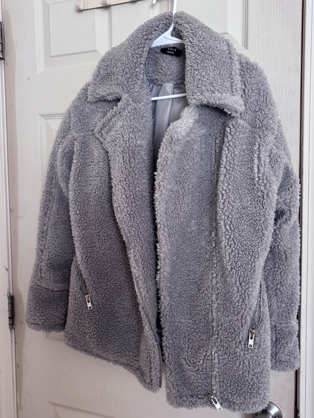 Vici Plush Gray Teddy Jacket with Zip Pockets